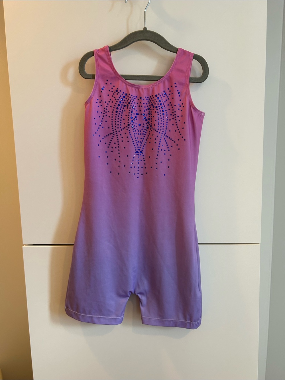 Kids Pink to Purple Ombre Gymnastics Leotard with Blue Rhinestone Detail